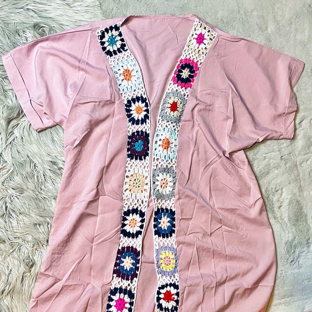 Crocheted Pastel Pink Long Duster Robe Sz S
